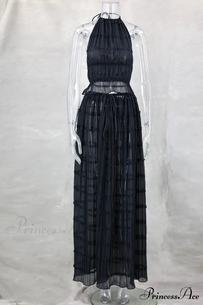 Halterneck Ruched Open Back Tie Trendy Up Top And Maxi Skirt Set