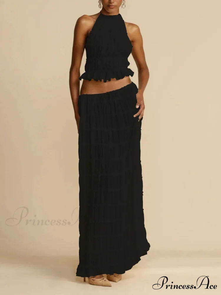 Halterneck Ruched Open Back Tie Trendy Up Top And Maxi Skirt Set Black / M