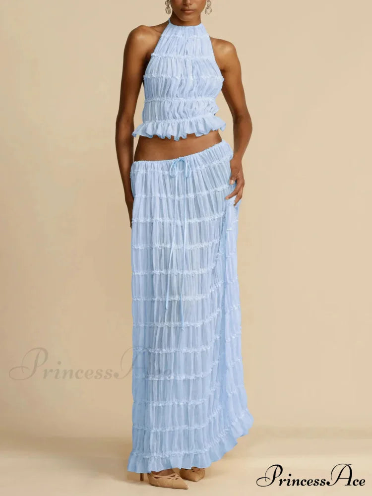 Halterneck Ruched Open Back Tie Trendy Up Top And Maxi Skirt Set Blue / M