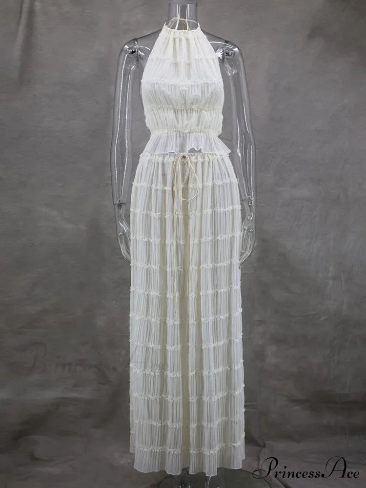Halterneck Ruched Open Back Tie Trendy Up Top And Maxi Skirt Set Ivory / M