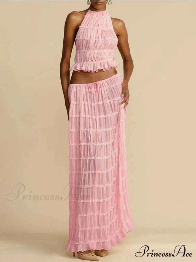 Halterneck Ruched Open Back Tie Trendy Up Top And Maxi Skirt Set Pink / M