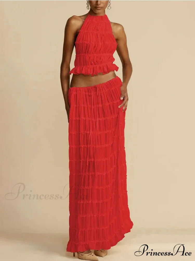 Halterneck Ruched Open Back Tie Trendy Up Top And Maxi Skirt Set Red / M