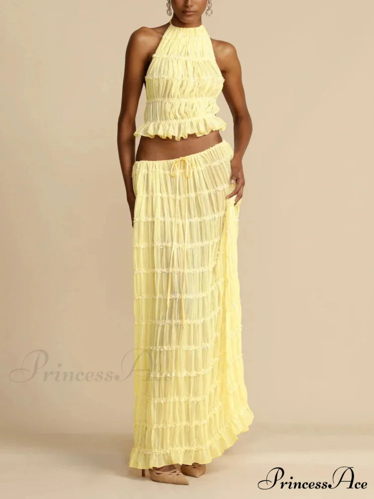 Halterneck Ruched Open Back Tie Trendy Up Top And Maxi Skirt Set Yellow / M