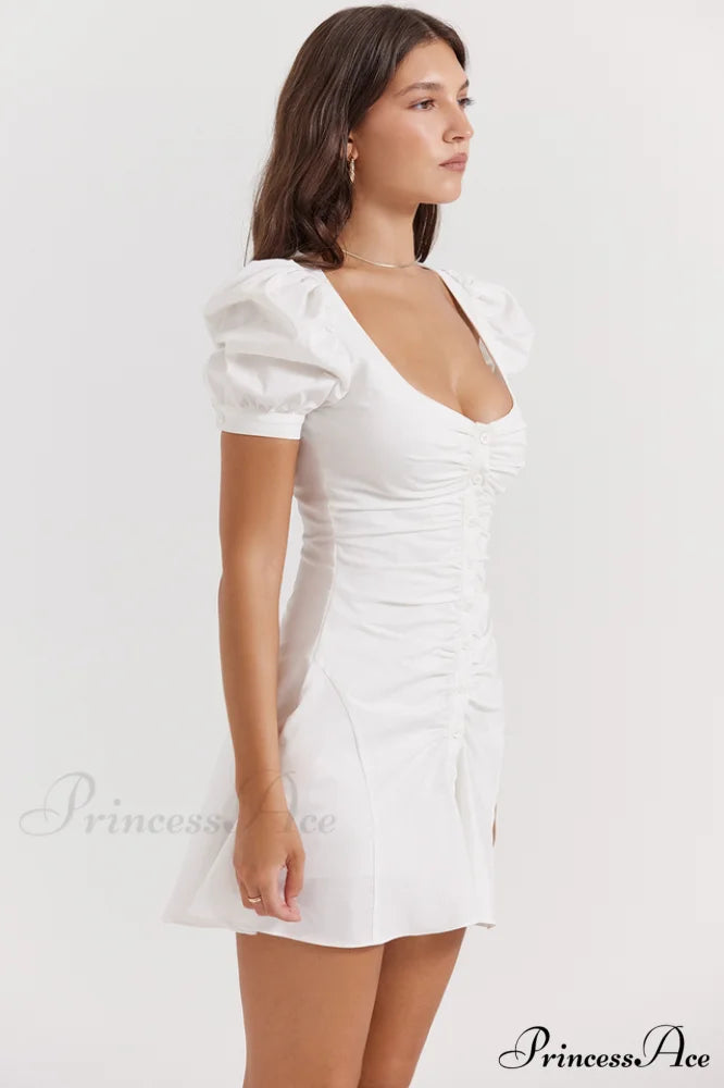 Hameda White Puff Charming Sleeve Mini Dress