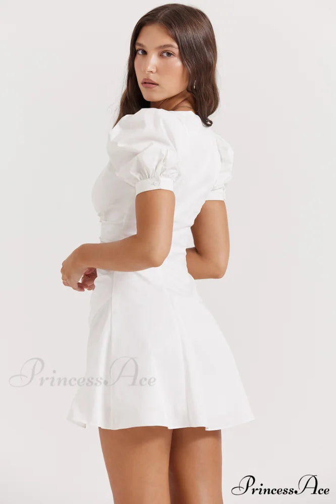 Hameda White Puff Charming Sleeve Mini Dress