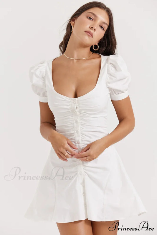 Hameda White Puff Charming Sleeve Mini Dress