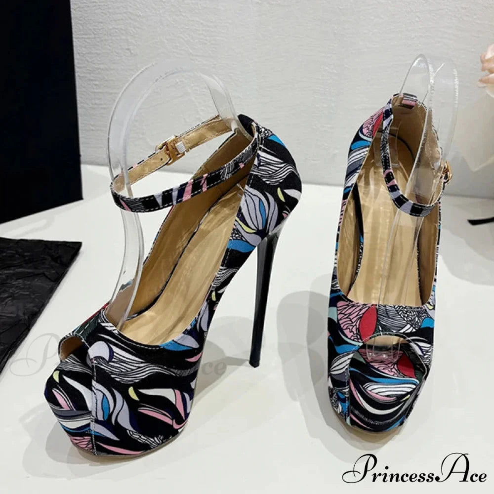 Hand-Painted Leather Platform Pumps Slingback Sandals Peep Toe High Heels Pole Dance Shoes