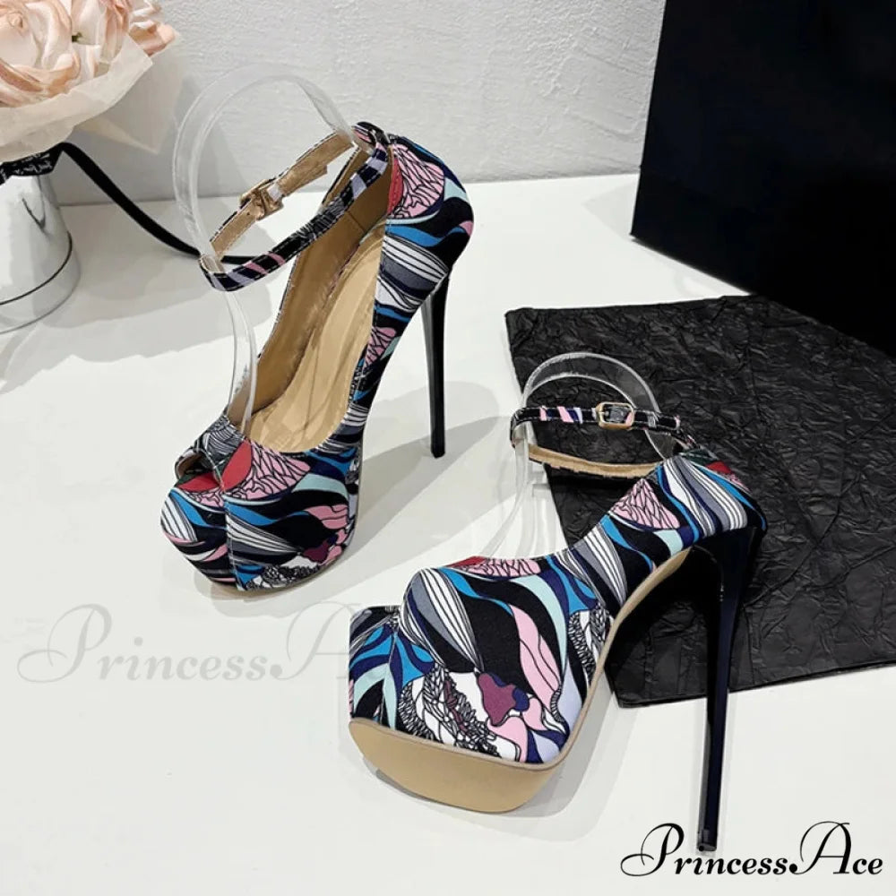 Hand-Painted Leather Platform Pumps Slingback Sandals Peep Toe High Heels Pole Dance Shoes