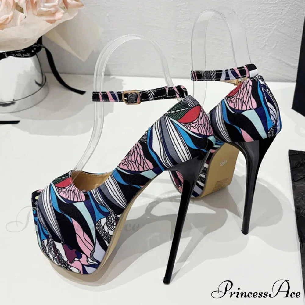 Hand-Painted Leather Platform Pumps Slingback Sandals Peep Toe High Heels Pole Dance Shoes