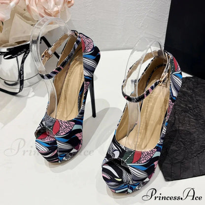 Hand-Painted Leather Platform Pumps Slingback Sandals Peep Toe High Heels Pole Dance Shoes Colour / 35