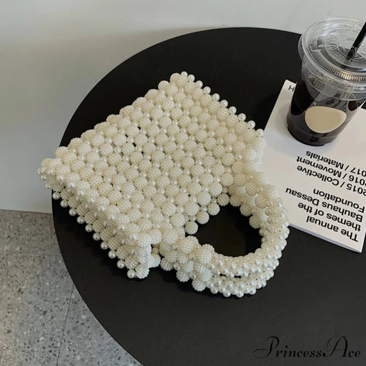 Handcrafted Pearl Beaded Evening Purses Clutch Beige wristlet-250126