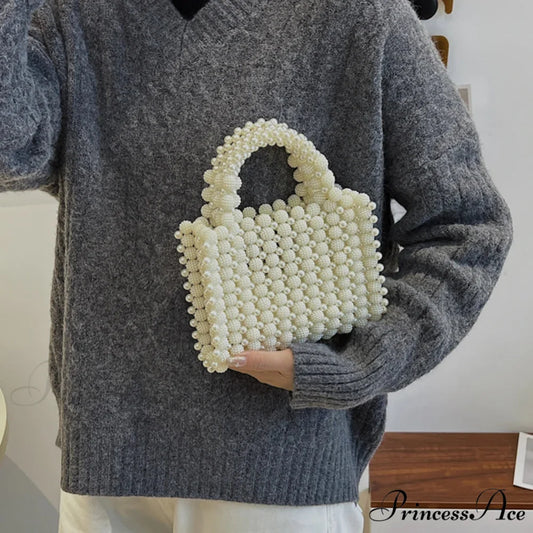 Handcrafted Pearl Beaded Evening Purses Clutch Beige wristlet-250126