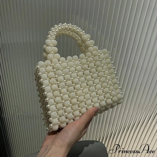 Handcrafted Pearl Beaded Evening Purses Clutch Beige wristlet-250126