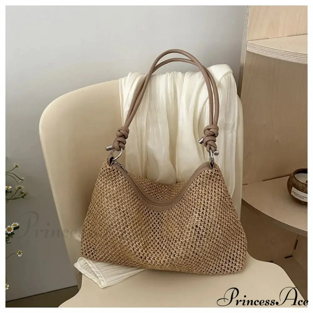 Handcrafted Plaited Straw Seaside Tote Bag khaki shoulder-250126