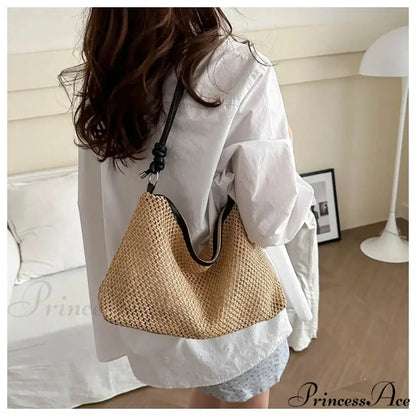 Handcrafted Plaited Straw Seaside Tote Bag shoulder-250126