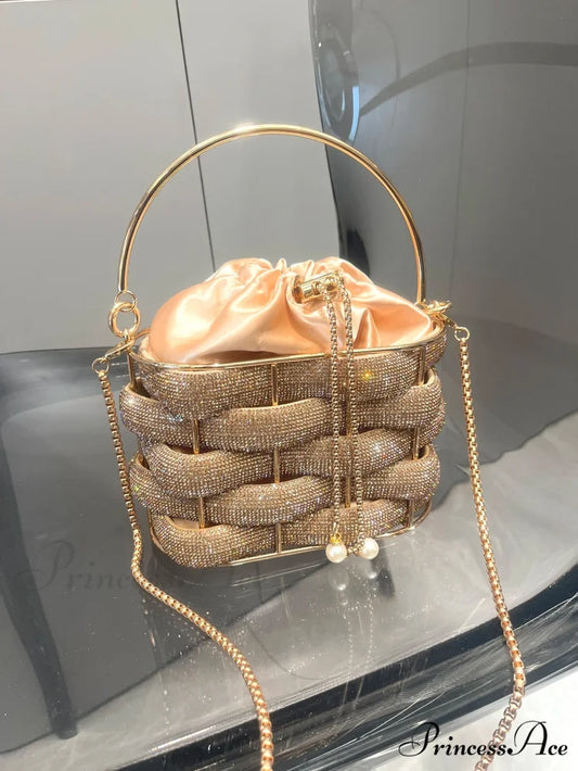 Handcrafted Sparkling Gemstone Lavish Crystal Purse Pail Bag Golden clutchbag-250126