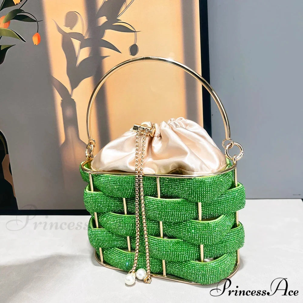 Handcrafted Sparkling Gemstone Lavish Crystal Purse Pail Bag Green clutchbag-250126