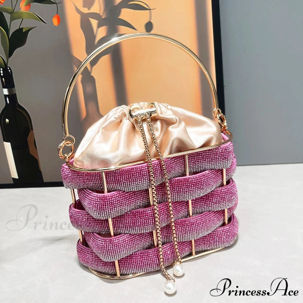 Handcrafted Sparkling Gemstone Lavish Crystal Purse Pail Bag Pink clutchbag-250126