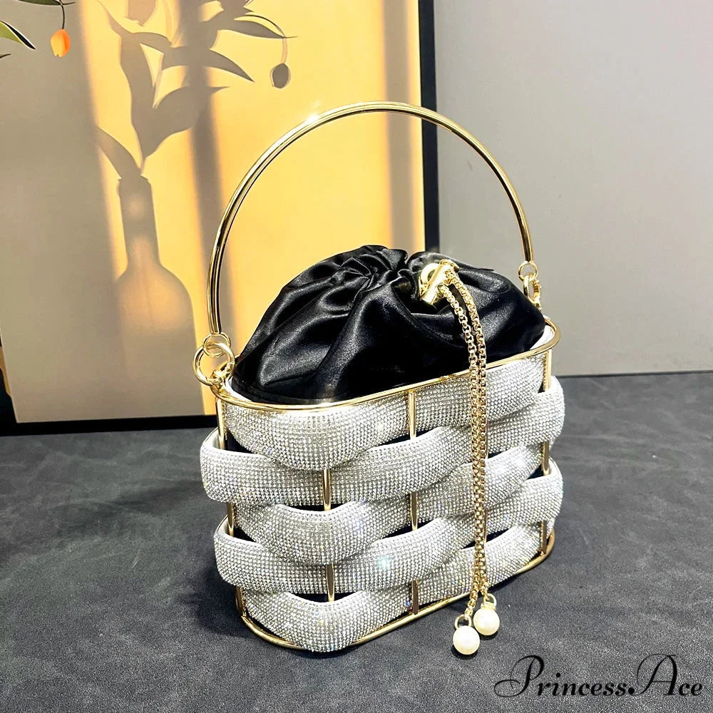 Handcrafted Sparkling Gemstone Lavish Crystal Purse Pail Bag Silver black clutchbag-250126