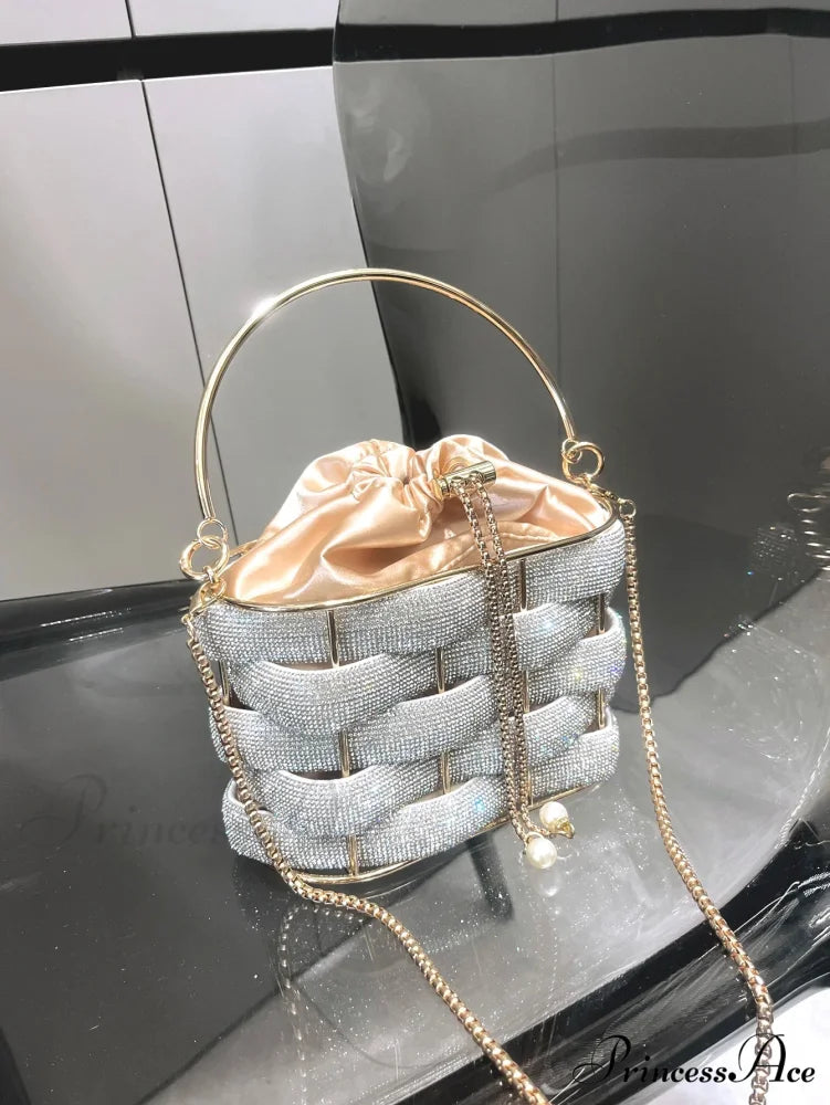 Handcrafted Sparkling Gemstone Lavish Crystal Purse Pail Bag Silver clutchbag-250126