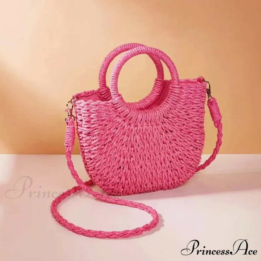 Handcrafted Straw Rattan Seaside Crossbody Purse hot pink handbag-250126