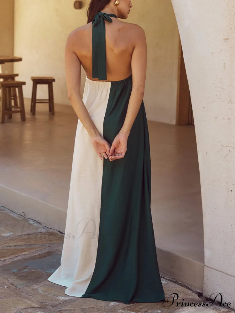 Hanging Neck Bold Contrast Color Trendy Halter Pocketed A-Line Maxi Dress