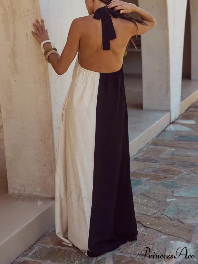 Hanging Neck Bold Contrast Color Trendy Halter Pocketed A-Line Maxi Dress