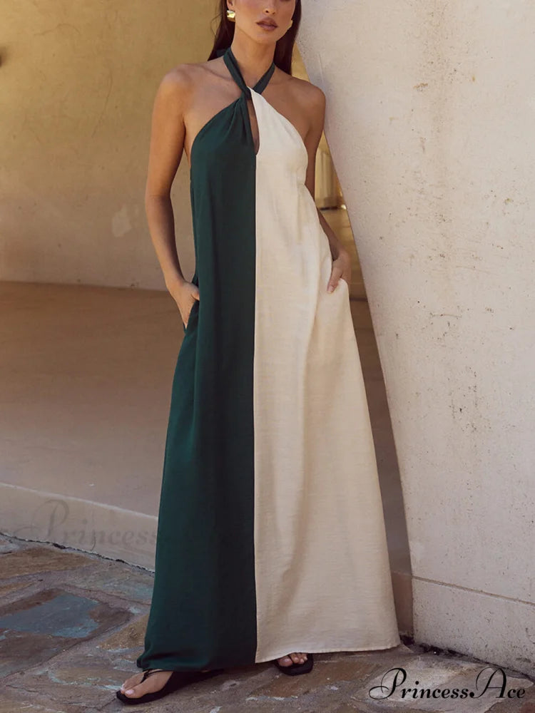 Hanging Neck Bold Contrast Color Trendy Halter Pocketed A-Line Maxi Dress Green / S