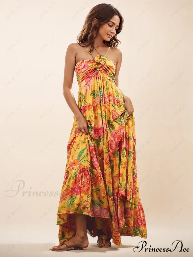 Hanging Neck Printed Floral Graceful Design Backless Straight Maxi Dress Yellow / S