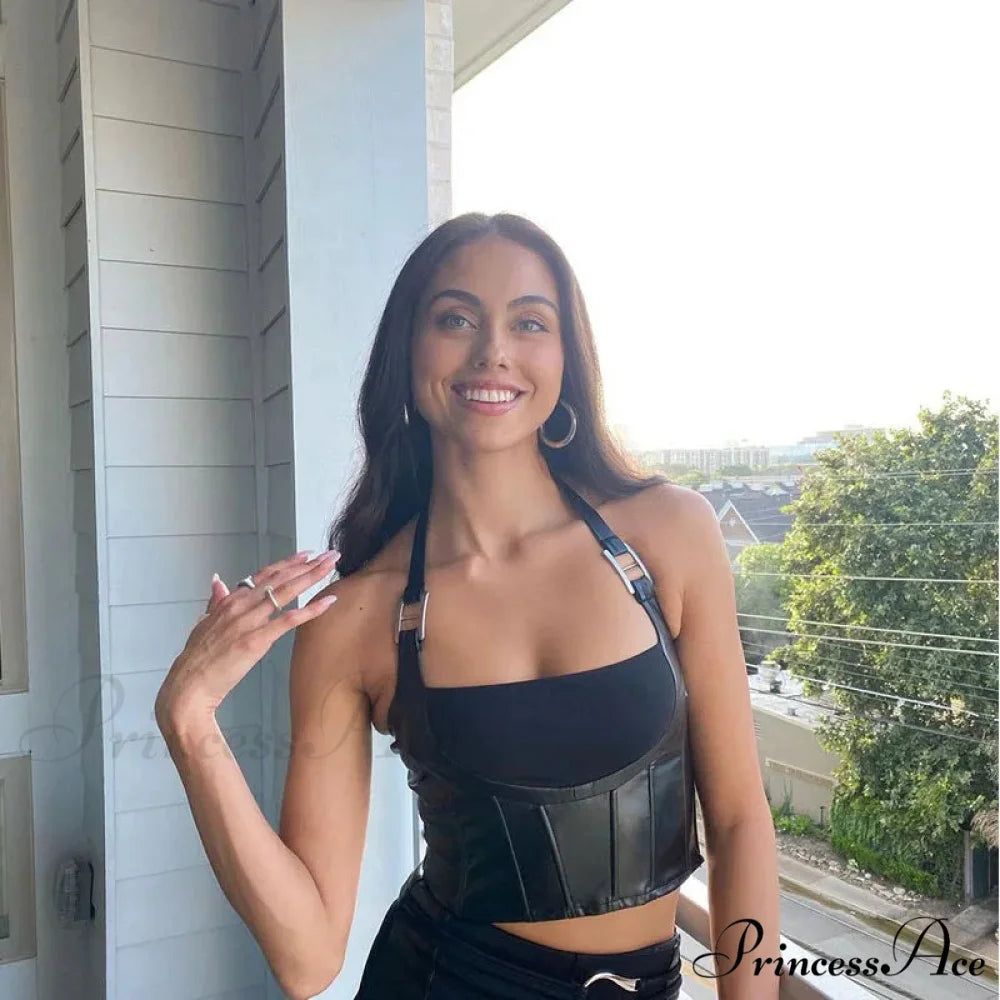 Hanging Neck Sexy Black Nightclub Matte Charm Hot High Street Shrink Gather Women’s Navel Short Vest Tank top