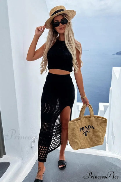 Hannah Knit Crop Charming Top + Skirt Set M / Black