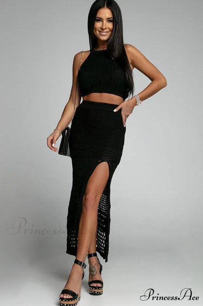 Hannah Knit Crop Charming Top + Skirt Set S / Black