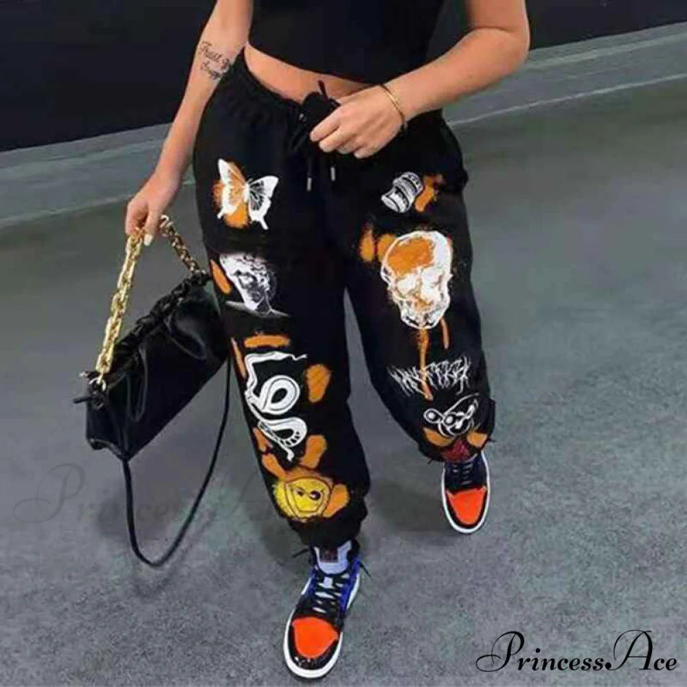 Harajuku Butterfly Skull Printed Trousers black / S