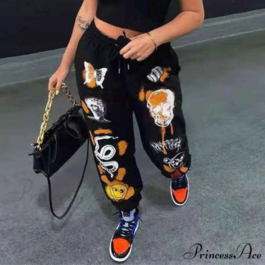 Harajuku Butterfly Skull Printed Trousers black / S