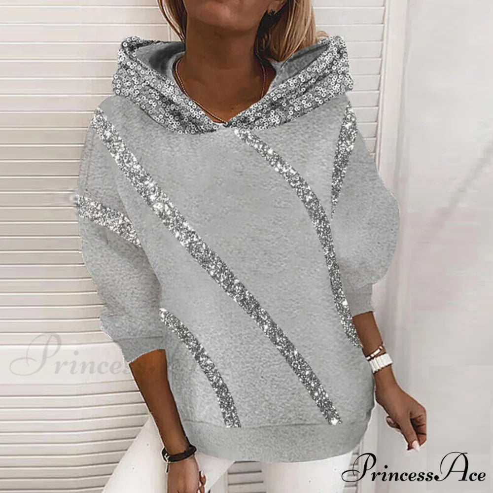 Harajuku Casual Long Sleeve Sequin Hoodies Gray / S