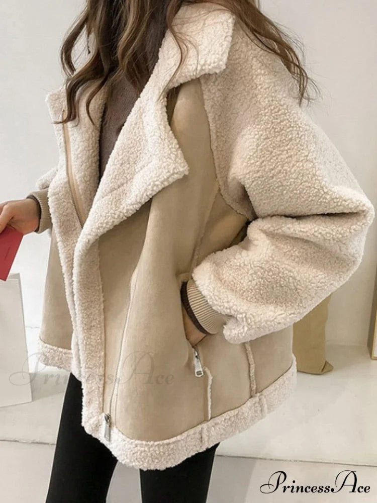 Harajuku Faux Leather Fur Patchwork Coat Apricot / S