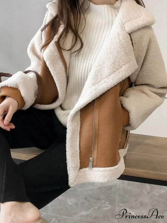 Harajuku Faux Leather Fur Patchwork Coat Khaki / S