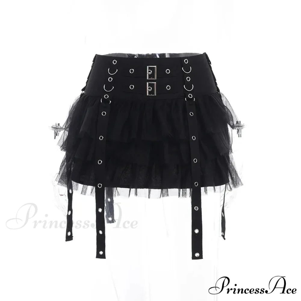 Harajuku Gothic Dark Women CyberY2k E-girl Streetwear Hip Hop Eyelet Ribbons Mesh Patchwork Cake Skirt BLACK / S