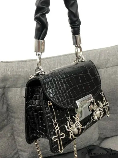 Harajuku Gothic Halloween Spider Cross Punk Metal Rock Shoulder Bag Black / 16X11X7cm