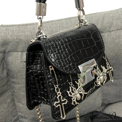Harajuku Gothic Halloween Spider Cross Punk Metal Rock Shoulder Bag Black / 16X11X7cm