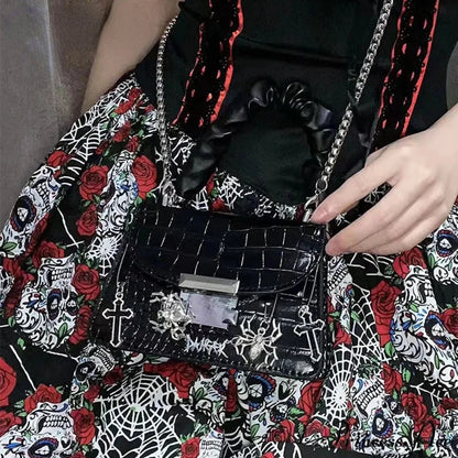 Harajuku Gothic Halloween Spider Cross Punk Metal Rock Shoulder Bag Black / 16X11X7cm
