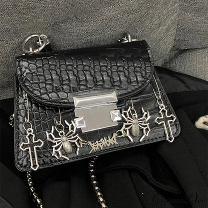 Harajuku Gothic Halloween Spider Cross Punk Metal Rock Shoulder Bag Black / 16X11X7cm