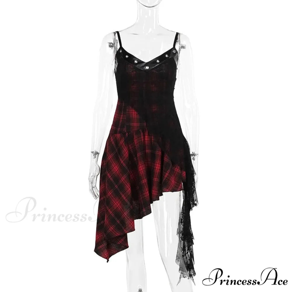 Harajuku Gothic Plaid Y2K 2000s Lace Patchwork Spaghetti Strap Streetwear V-Neck Gothic Dress Red / M