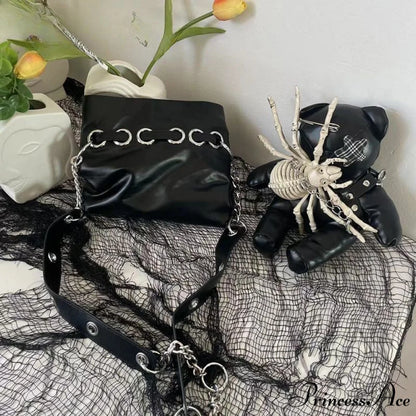 Harajuku Leather Punk Y2K Spider Bone Little Bear Pin Gothic Lolita Crossbody Bag Black / one size