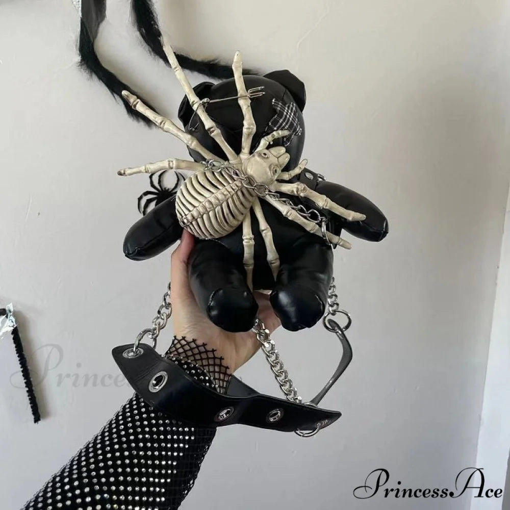 Harajuku Leather Punk Y2K Spider Bone Little Bear Pin Gothic Lolita Crossbody Bag Black / one size
