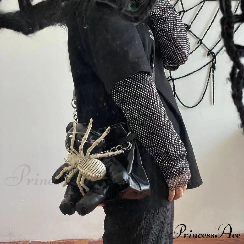 Harajuku Leather Punk Y2K Spider Bone Little Bear Pin Gothic Lolita Crossbody Bag Black / one size