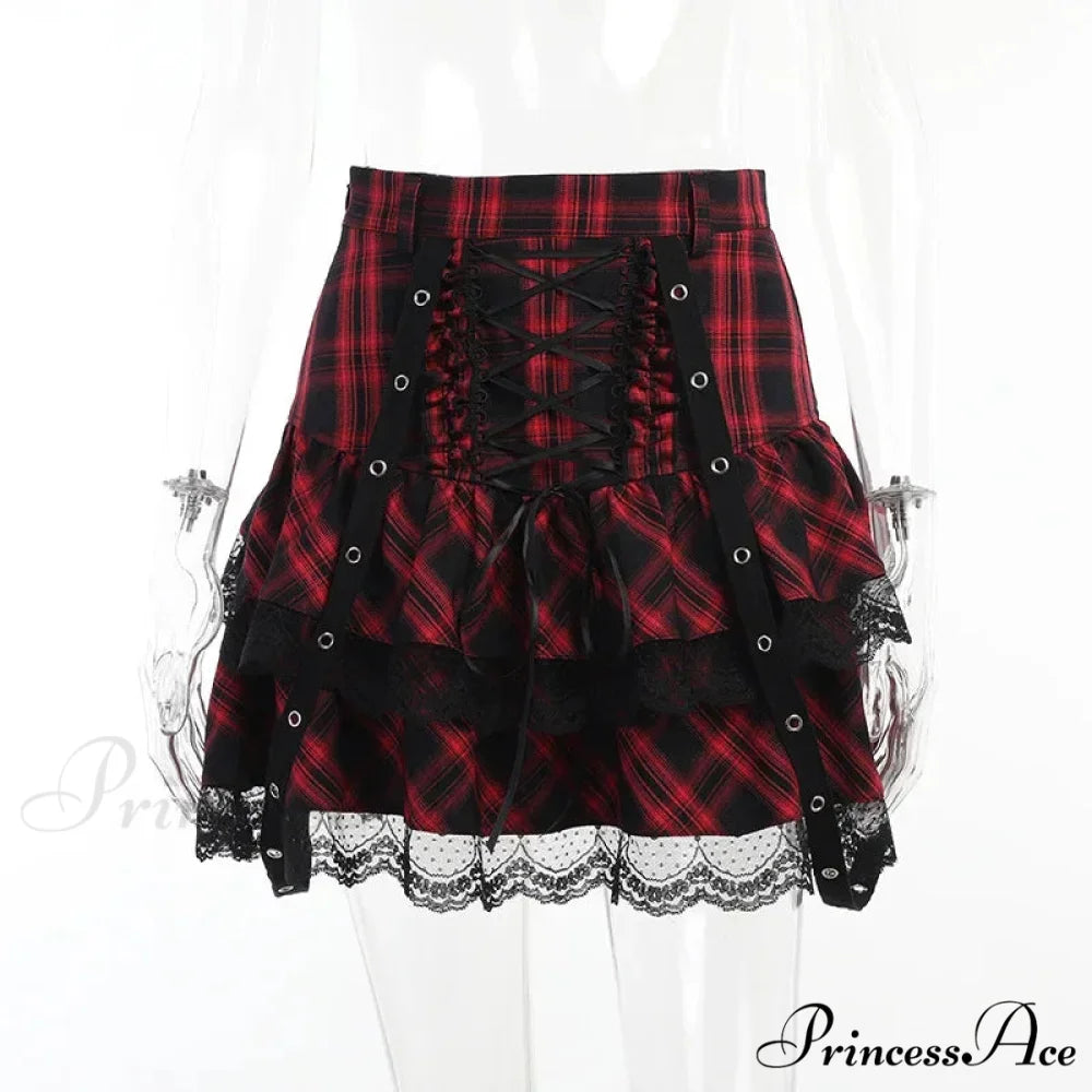 Harajuku Plaid Gothic Girl High Waist Plaided Lolita Mini Sets Japanese Fashion Streetwear Skirt RED / S