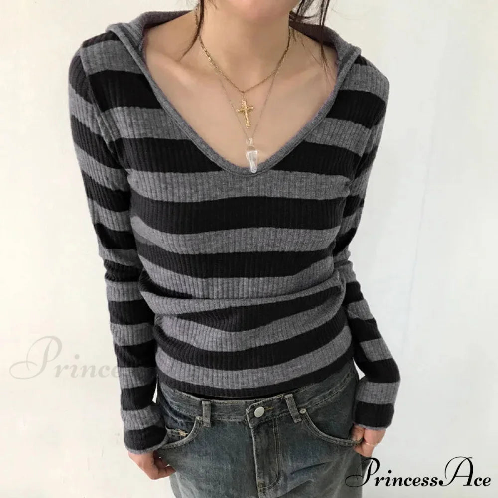 Harajuku Stripe Hooded Slim Contrast Shade Long Sleeve Knit Top GRAY / S knittop-250126