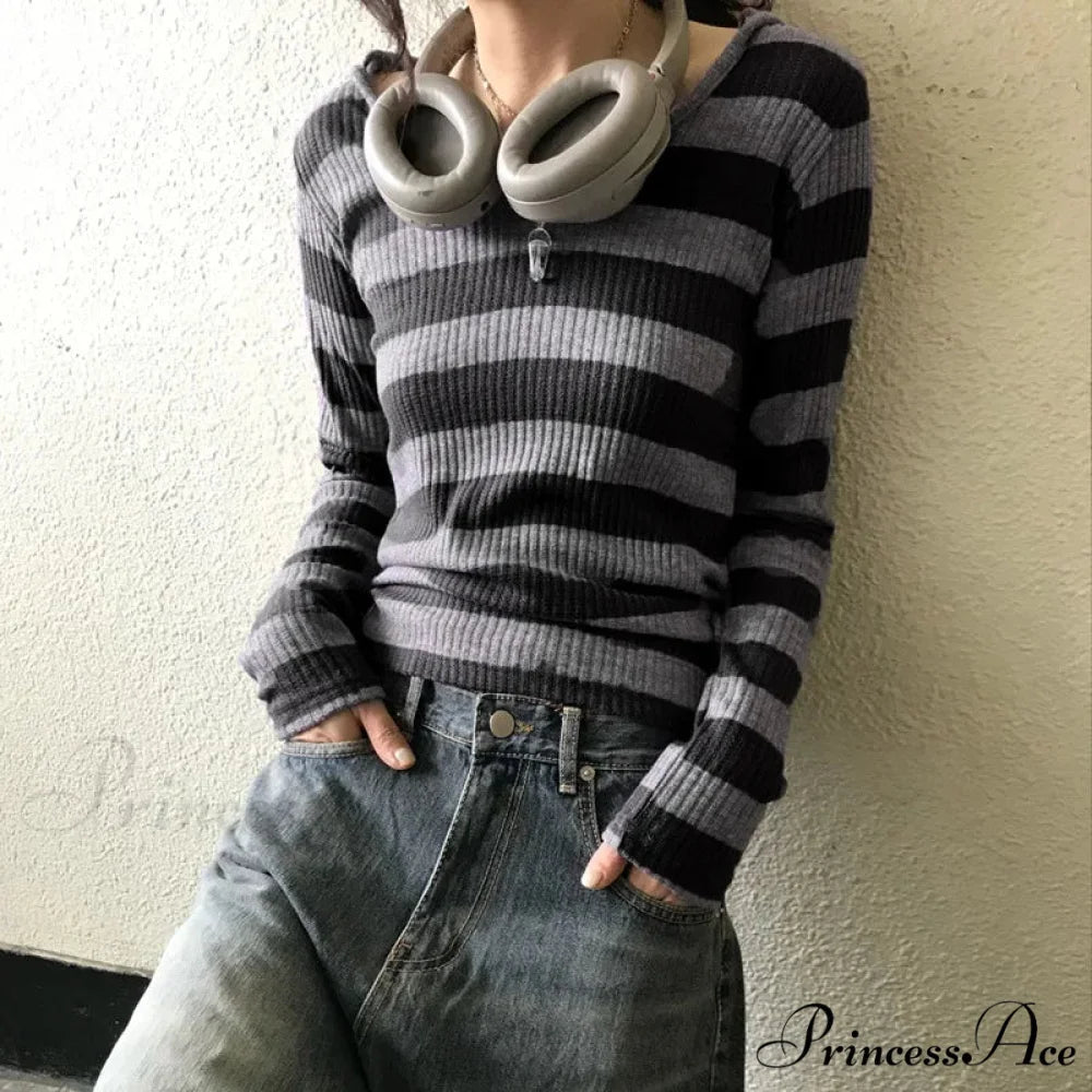 Harajuku Stripe Hooded Slim Contrast Shade Long Sleeve Knit Top knittop-250126