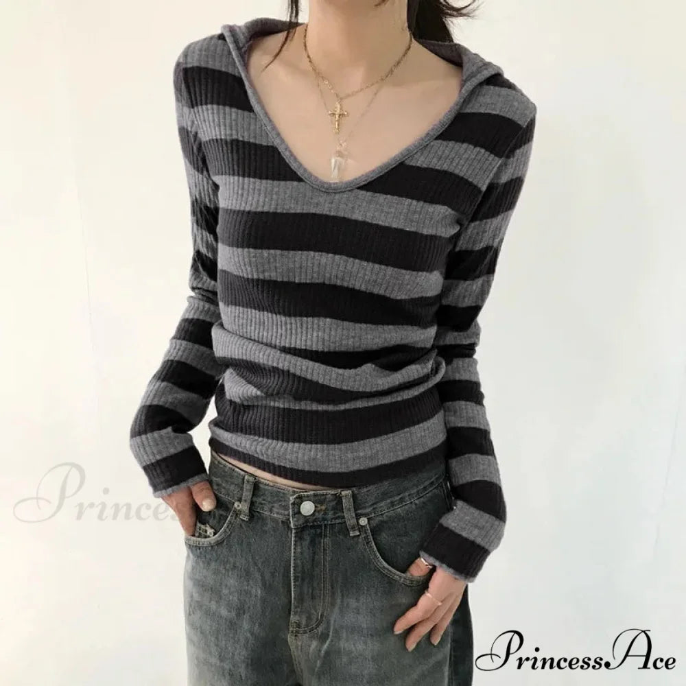 Harajuku Stripe Hooded Slim Contrast Shade Long Sleeve Knit Top knittop-250126